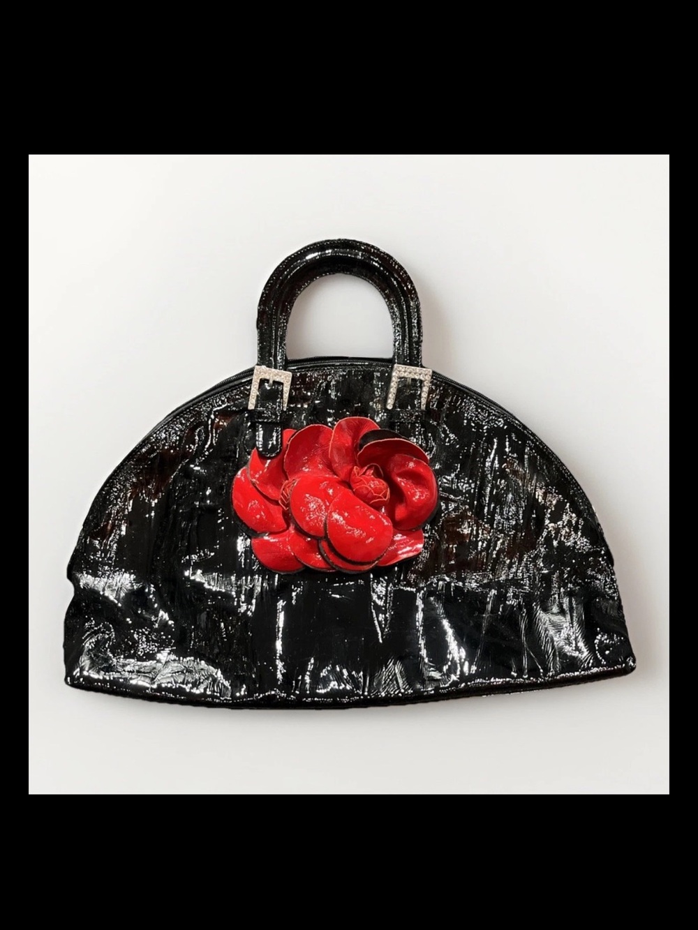Renato Angi Venezia Black Patent Leather Red  Flower Large Satchel Handbag